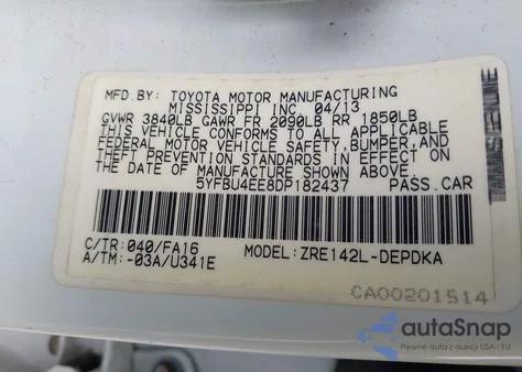 2013 Toyota Corolla L z USA, uszkodzony, nr VIN 5YFBU4EE8DP182437